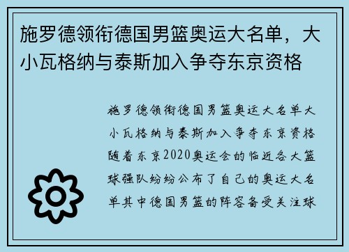 施罗德领衔德国男篮奥运大名单，大小瓦格纳与泰斯加入争夺东京资格