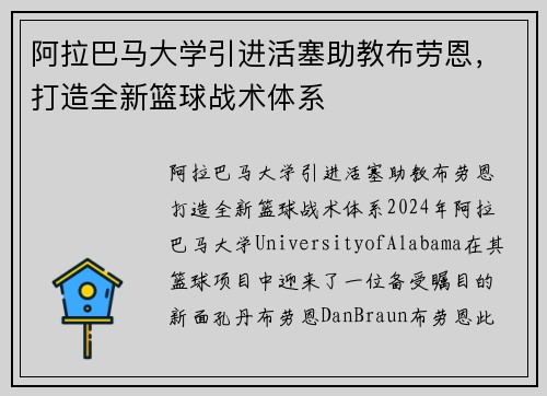 阿拉巴马大学引进活塞助教布劳恩，打造全新篮球战术体系