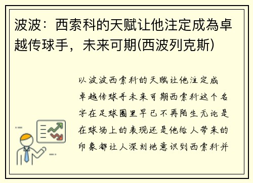 波波：西索科的天赋让他注定成為卓越传球手，未来可期(西波列克斯)